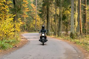 A motorcycle operator rides along a road in a forest